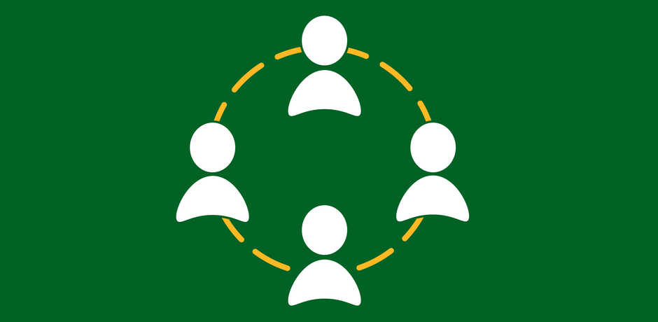 Icon of 4 human figures connected by yellow lines against green background