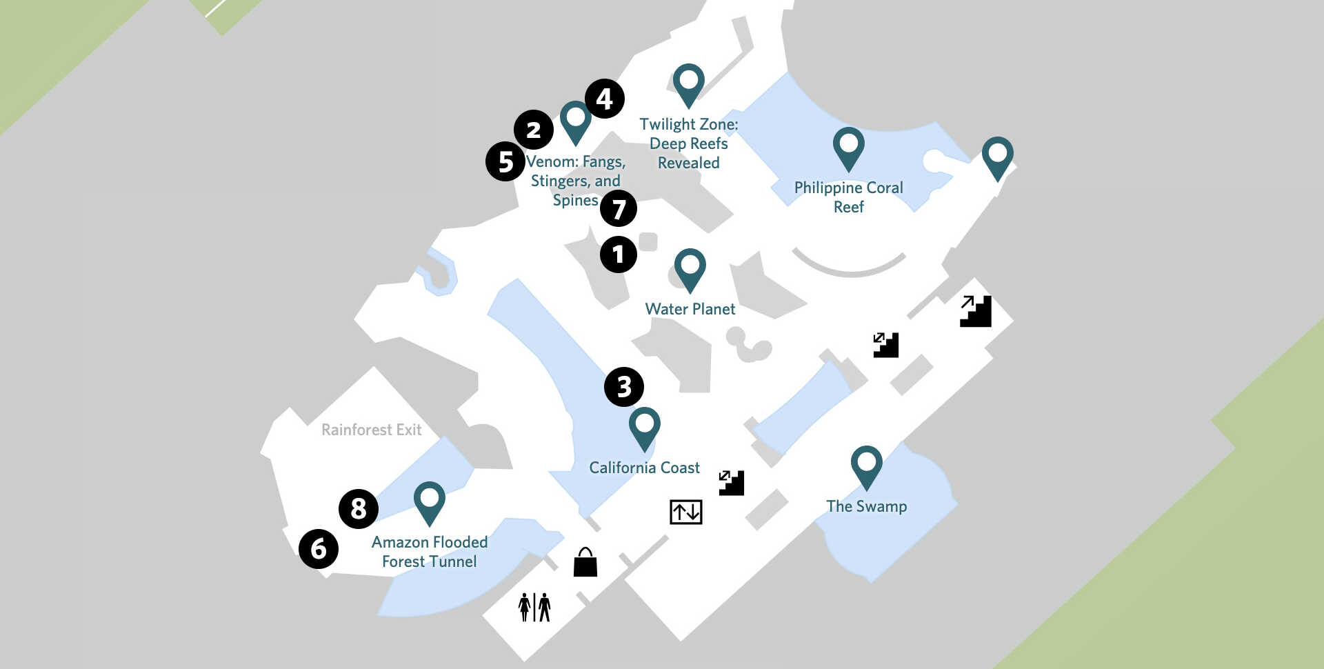 Map of Steinhart Aquarium with numbered icons indicating where animals are on exhibit
