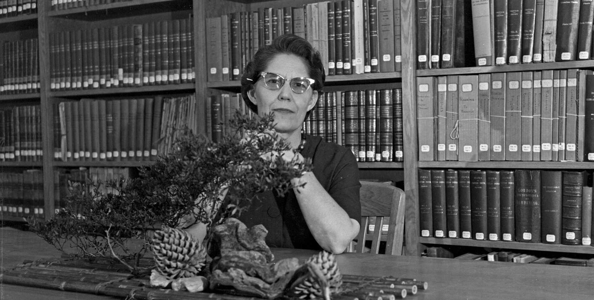 Elizabeth McClintock sits at a desk behind a flower arrangement with pinecones, in a black and white vintage image. 