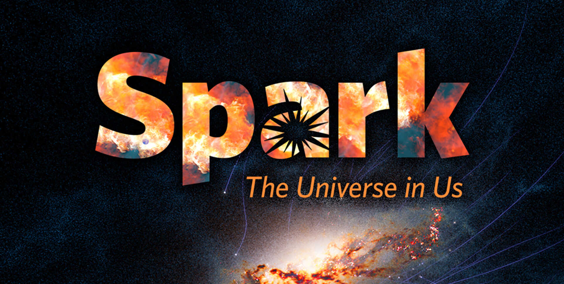Wordmark for Spark: The Universe in Us planetarium film with digital simulation of a galaxy