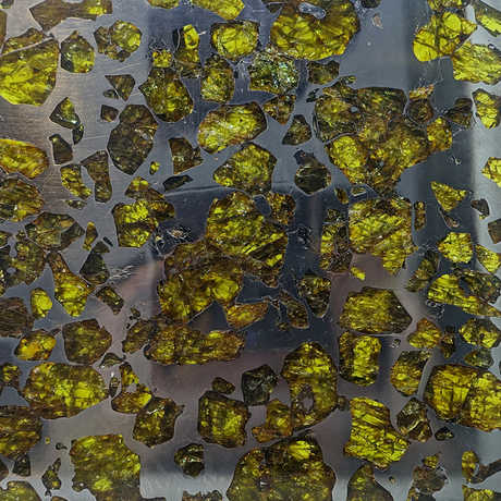 Fukang meteorite slice, pallasite. Exhibit at the Center for Meteorite Studies, Arizona State University, Tempe, Arizona, USA