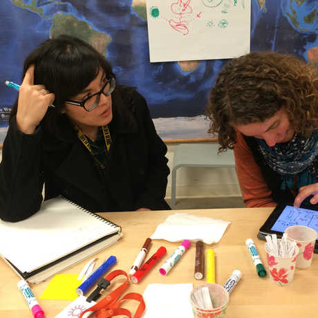 Two teachers work together during a workshop