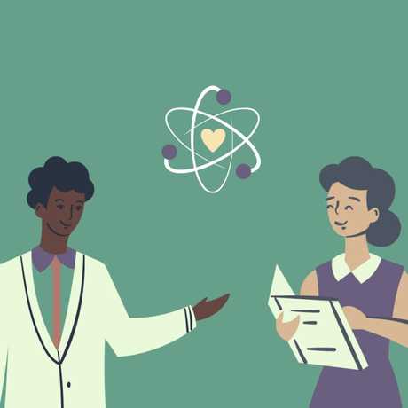 A cartoon image showing a man in a lab coat, a women reading a book, and a figurative atom icon with a heart inside.