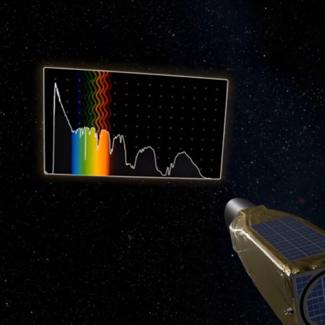 A spacecraft analyzes the spectra of a faraway world.