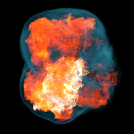 Simulation of supermassive star explosion with bright turbulent core. Credit: CAS / Pan