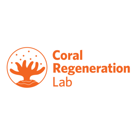Orange wordmark for the Coral Regeneration Lab with illustration of spawning coral