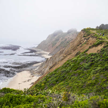 Dramatic view of Pillar Point bluffs with green cliffs and tidepools along the coast