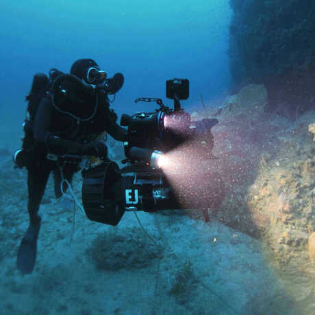 Dive safety officer Elliott Jessup films 250 feet below 