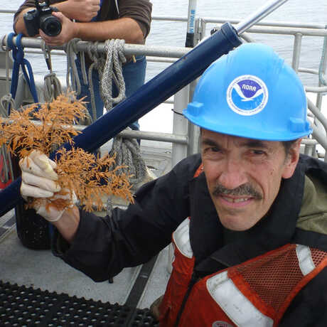 Gary Williams takes black coral from an ROV collections tray in the Farallones.