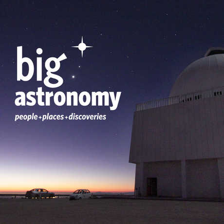 Moody night shot of giant Chilean telescope with Big Astronomy wordmark