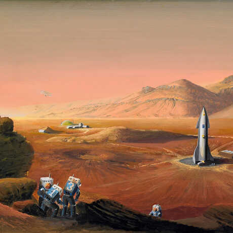 This painting by Pascal Lee depicts a future exploratory base on Mars.