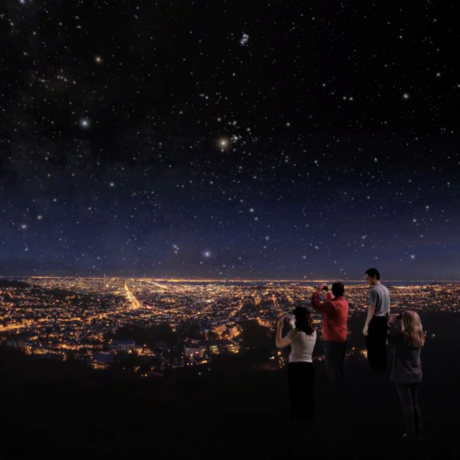 Screenshot from Citizen Sky of stargazers looking out on a city and starry night