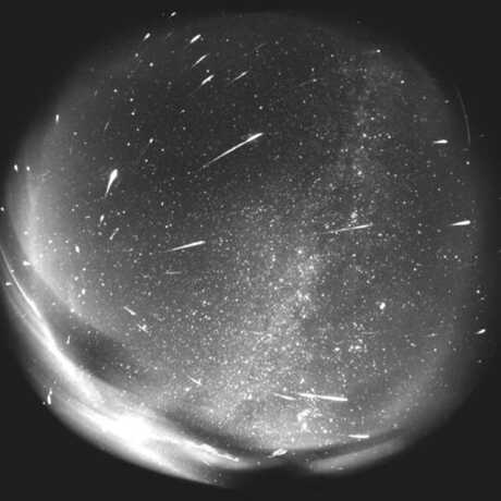 Black and white fisheye-lens photo of Leonid meteor shower