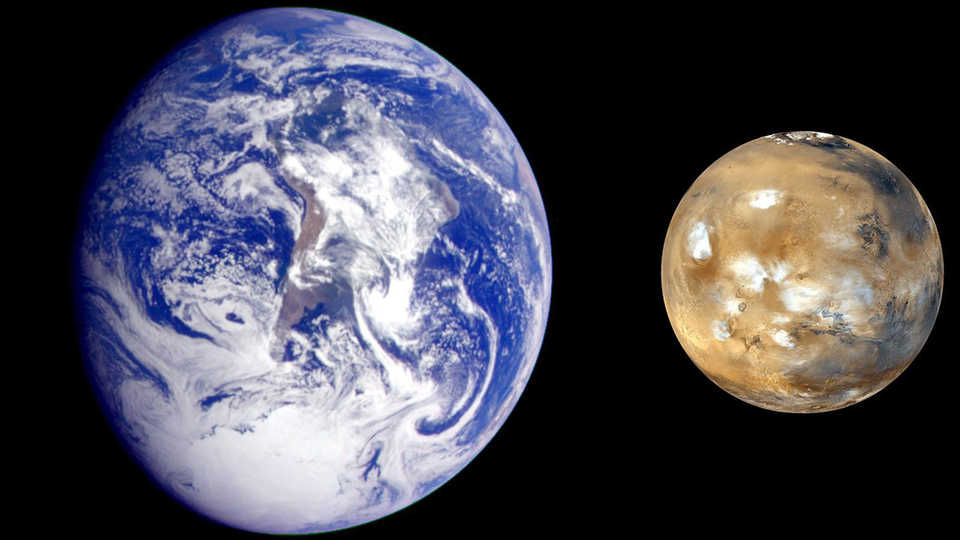 Composite image of Earth and Mars side by side, to show size comparison only
