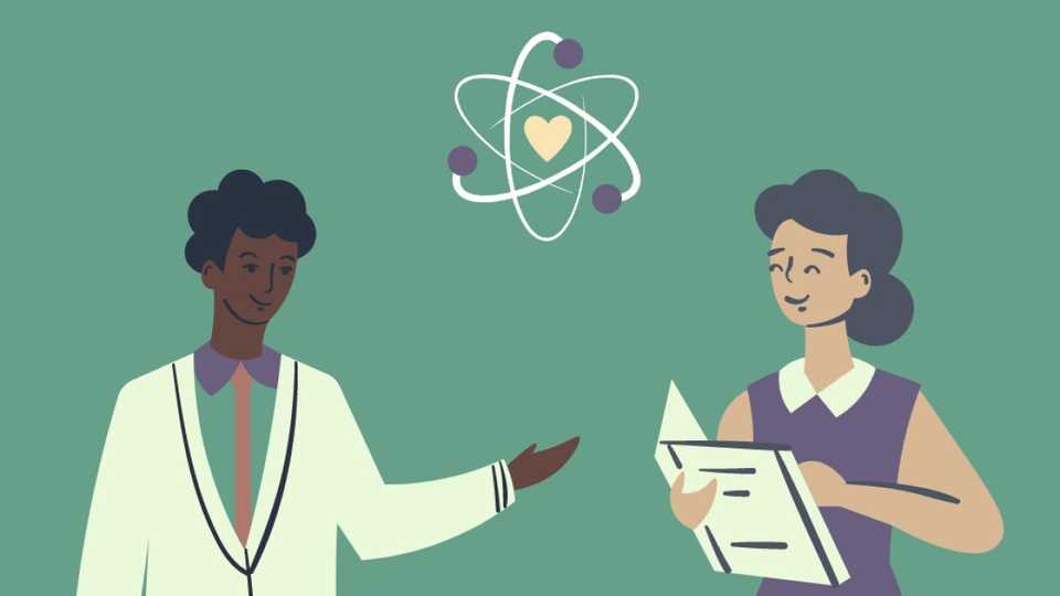 A cartoon image showing a man in a lab coat, a women reading a book, and a figurative atom icon with a heart inside.