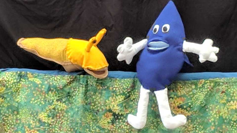Water drop and banana slug puppets