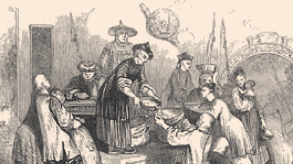 Giving Out Corn to the People, During a Season of Scarcity.”: Chinese officials engaged in famine relief. Detail of engraving by