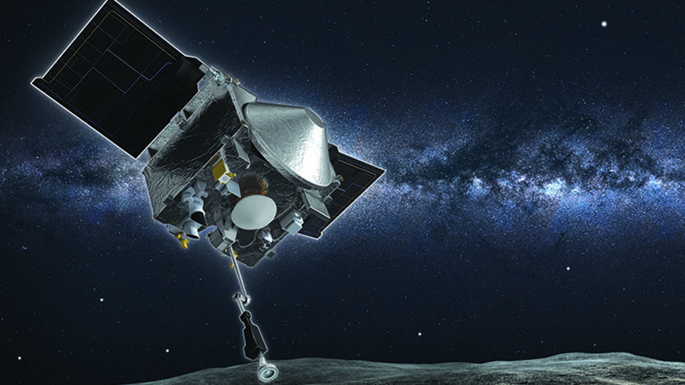 Artist impression of OSIRIS-REx about to collect a surface sample from asteroid Bennu