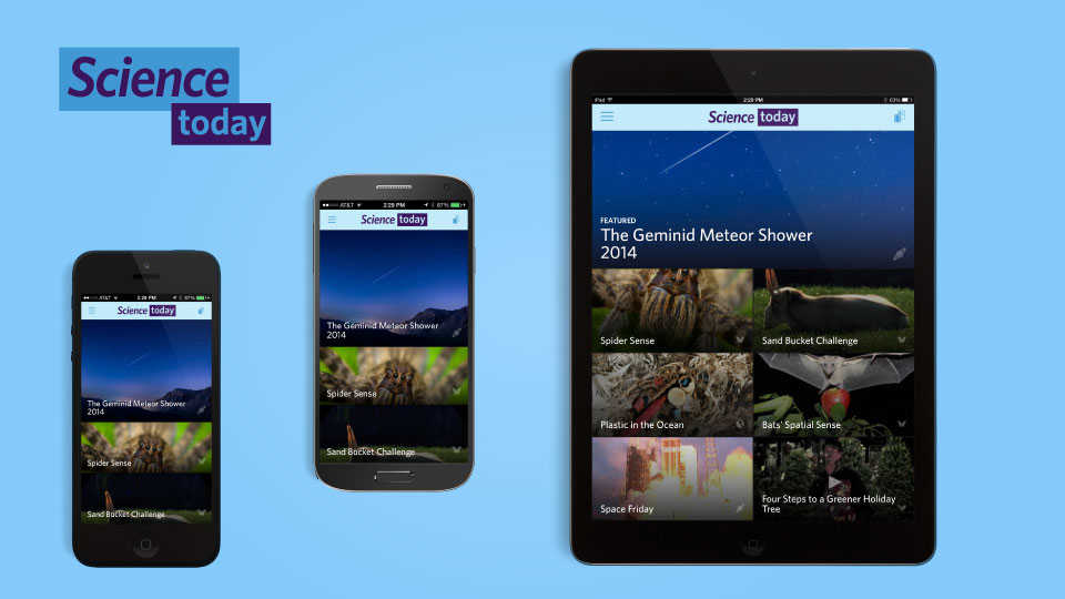 Science Today mobile app images on 3 mobile devices