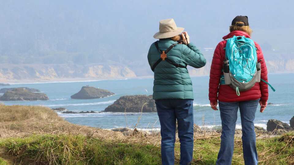 Two women look out to sea at Ano Nuevo State Preserve