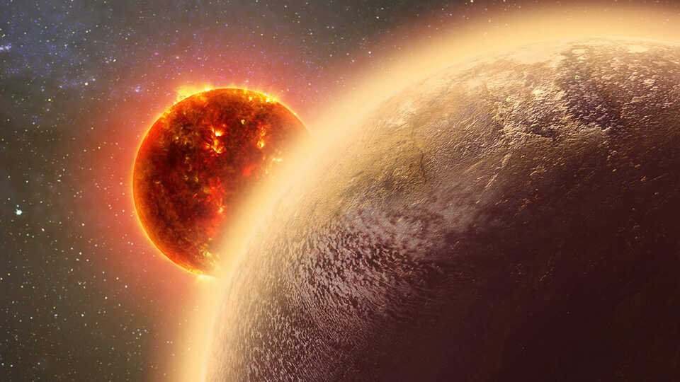 An artistic representation of Gliese 1132b, a planet  orbiting a red dwarf star.